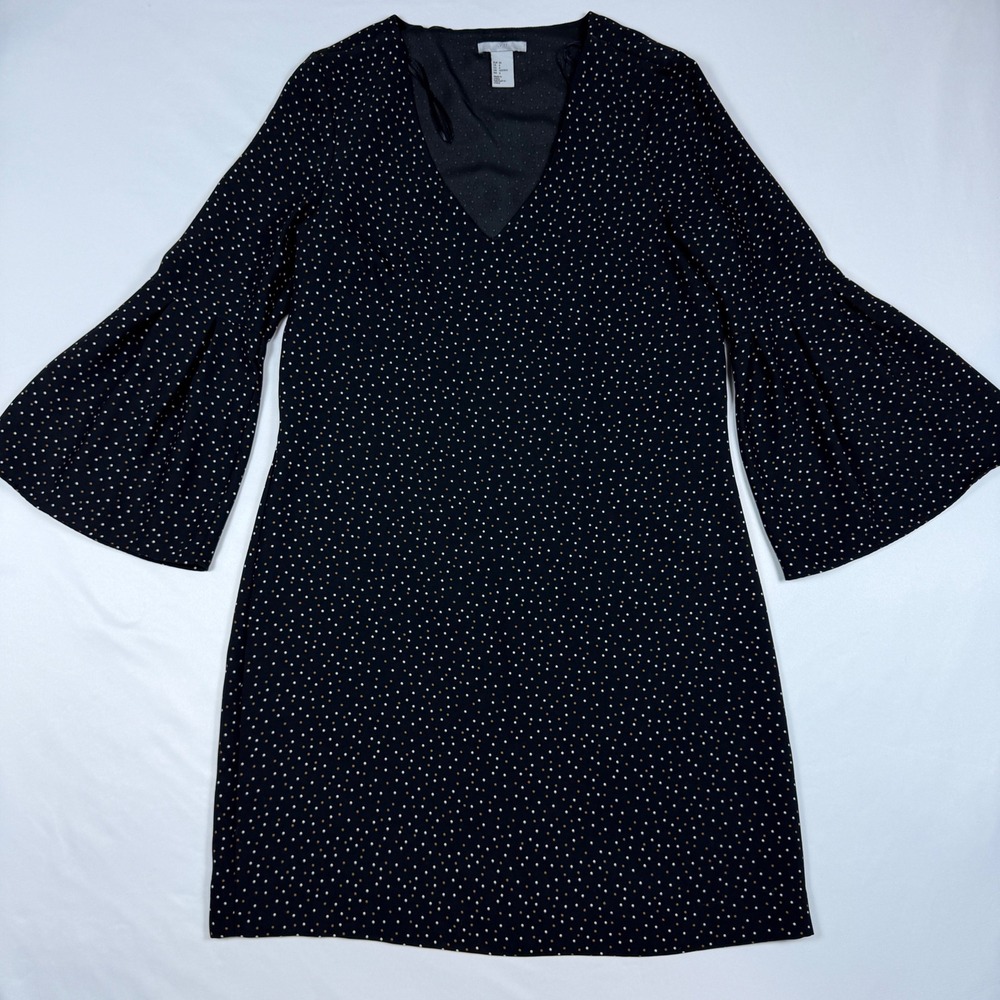 H&M Bell Sleeve Shift Dress Womens Size 6 Black Polka Dot V-Neck Mini